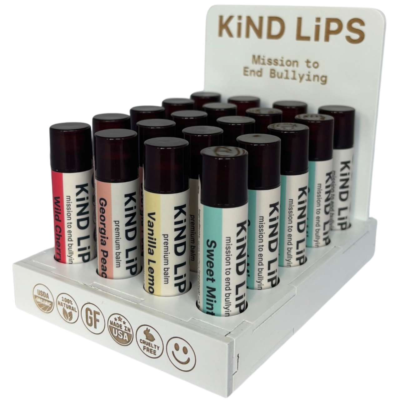 Organic Lip Balm – 40 Tube Premium Wood Display (4 Flavors)