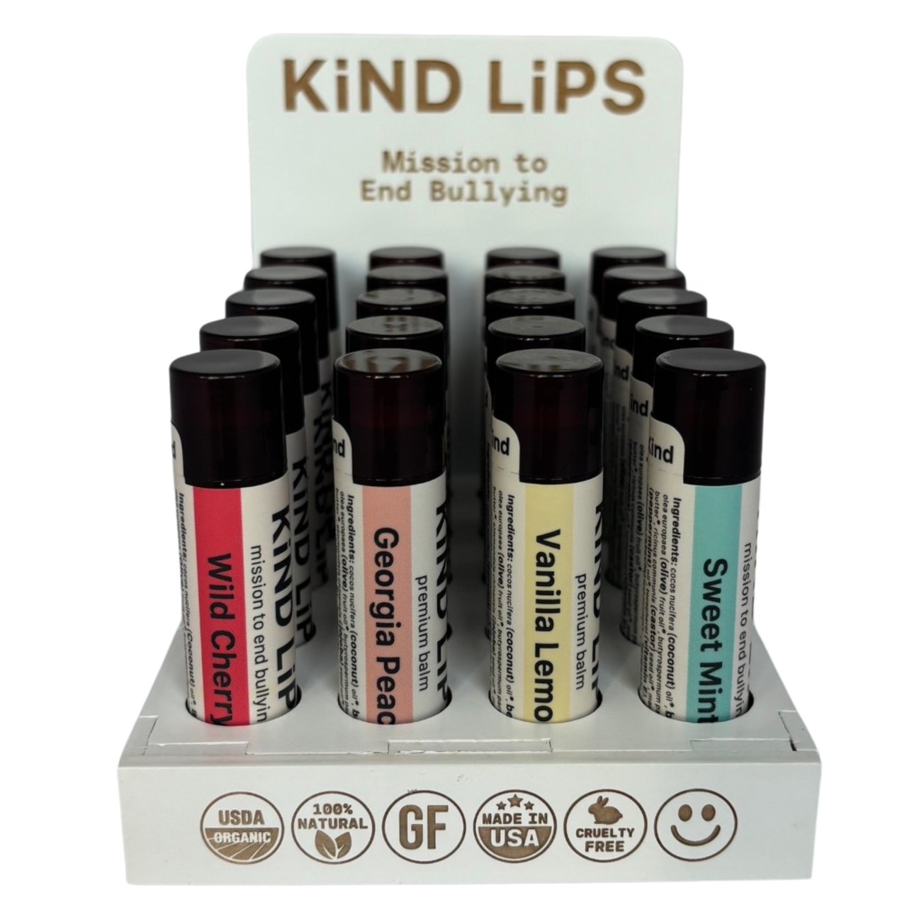 Organic Lip Balm – 40 Tube Premium Wood Display (4 Flavors)